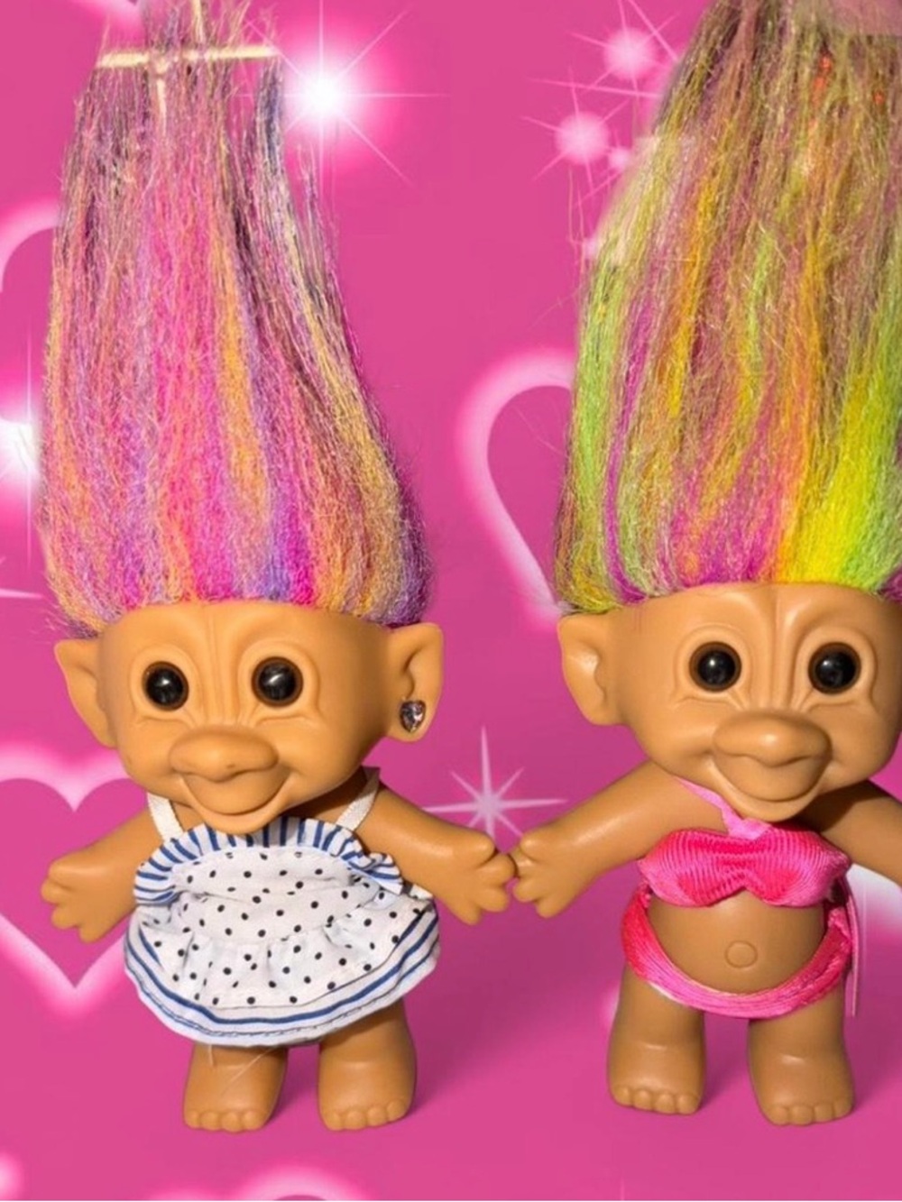 Pair of Vintage Rainbow Hair Troll Dolls - Pink & Multicolor